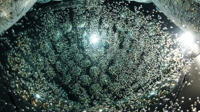 The picture shows the bubbles of air that formed on the detector each make a lens that views several of the photosensor modules inside the detector.