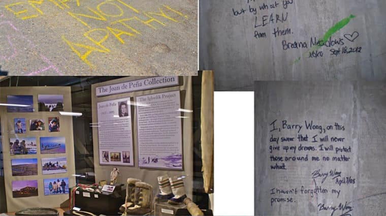 This photo features a collection of writing examples that are taken around the university.
