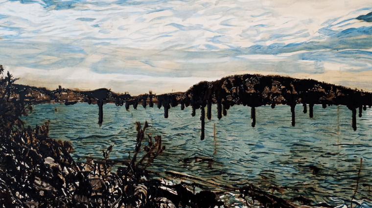 Stormy looking painting of Lake Athabasca, looking from atop a hill. The dark of the trees and foliage is very dark, almost black, the colour of oil.