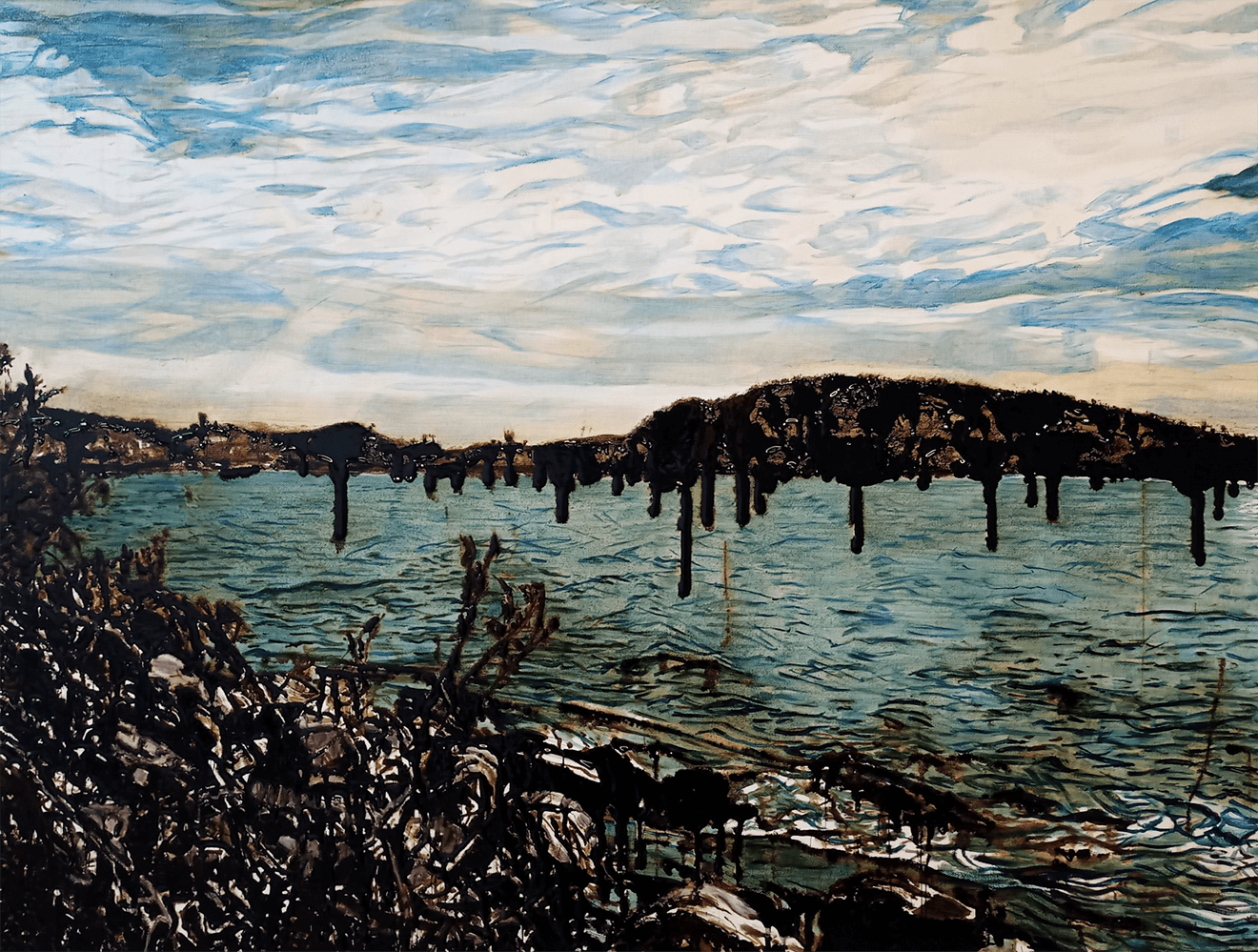 Stormy looking painting of Lake Athabasca, looking from atop a hill. The dark of the trees and foliage is very dark, almost black, the colour of oil.