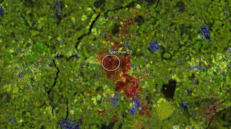 A grayscale SEM-EDX image showing phosphorus distribution in soil particles image showing phosphorus distribution in soil particle.
