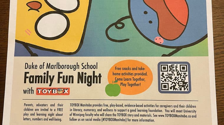 Photo contains a picture of a poster with three fun cartoon characters. The poster has details for attending a school family fun night.