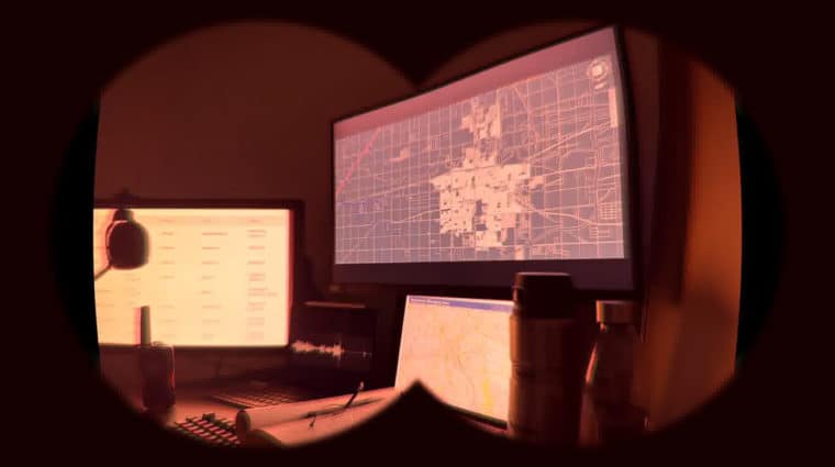 The image shows a dimly lit workspace viewed through binoculars. Multiple screens display a city map, data logs, and audio recordings next to a radio.